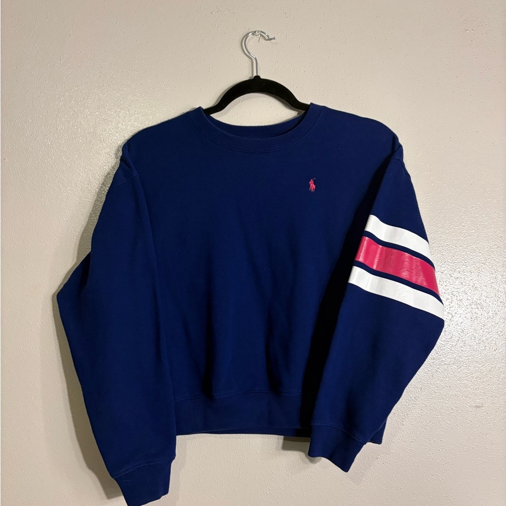 Polo by Ralph Lauren Blue and Red Crewneck Sweater with Sporty Stripes